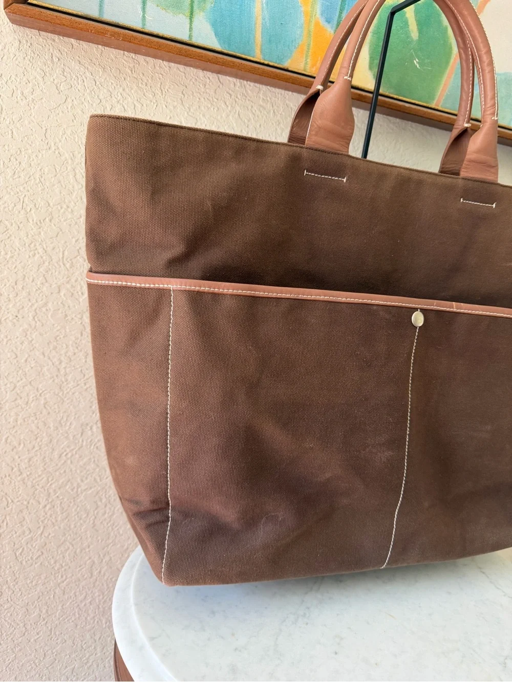 Vintage 2003 Gap Brown Canvas Leather Trim Oversized Tote Weekender Bag